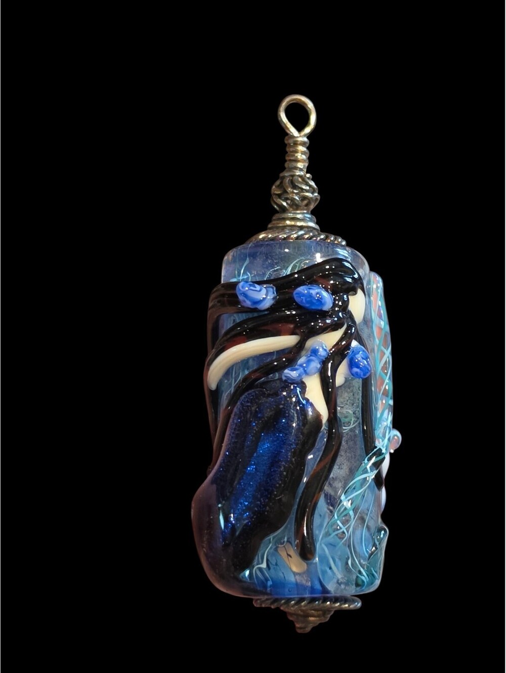 VTG Art Glass Pendant Focal Bead Mermaid Black on Blue Water Swirl Silver 2.5"